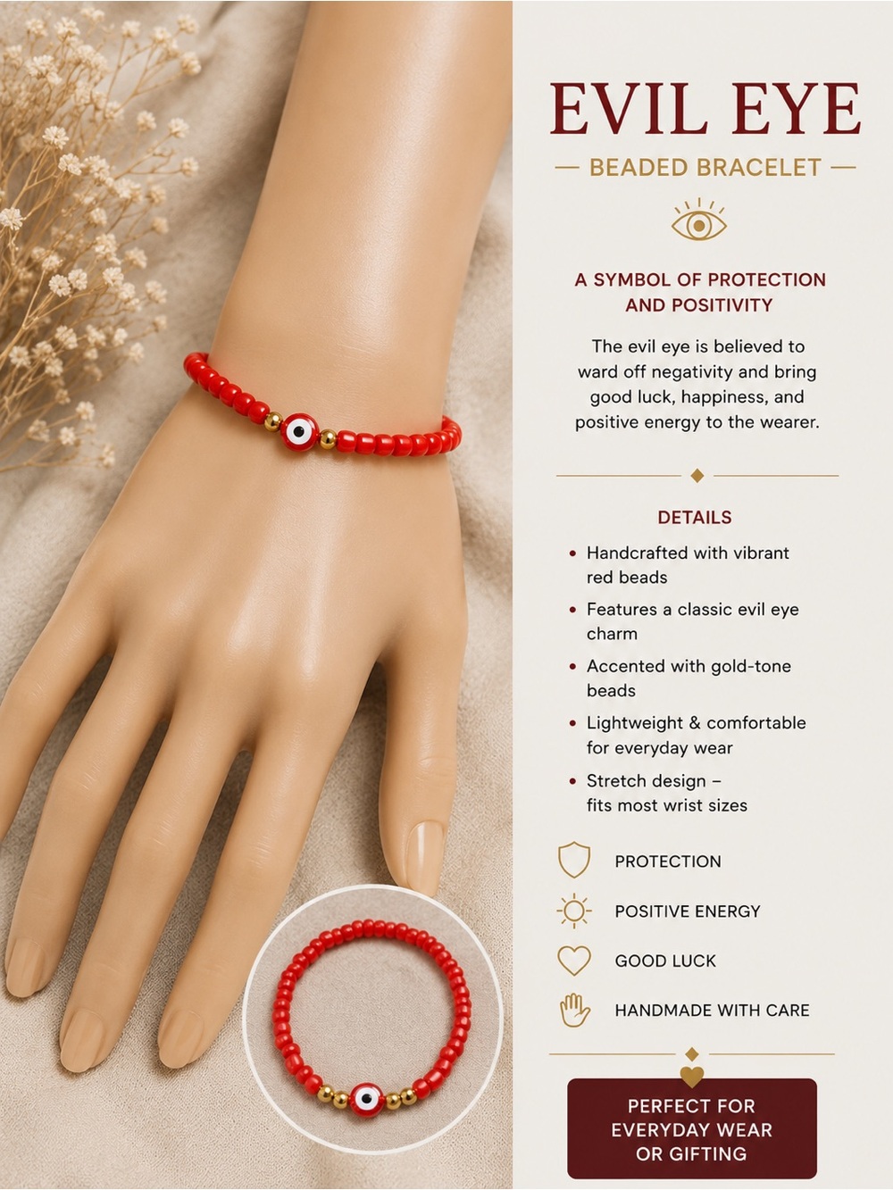 Evil Eye Beaded Bracelet - Red with Gold Accents #42